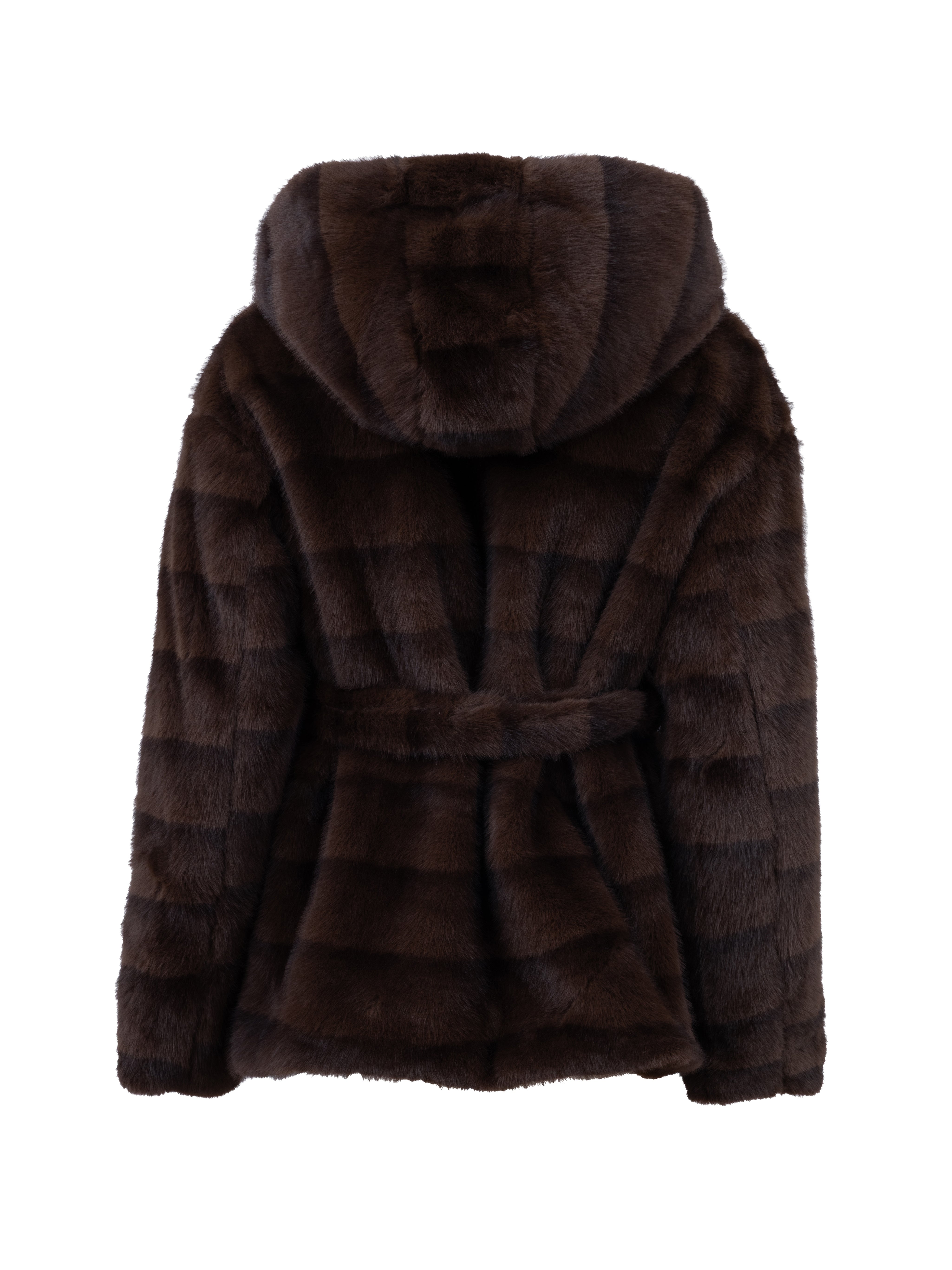Faux Fur Coat with Belt - BROWN