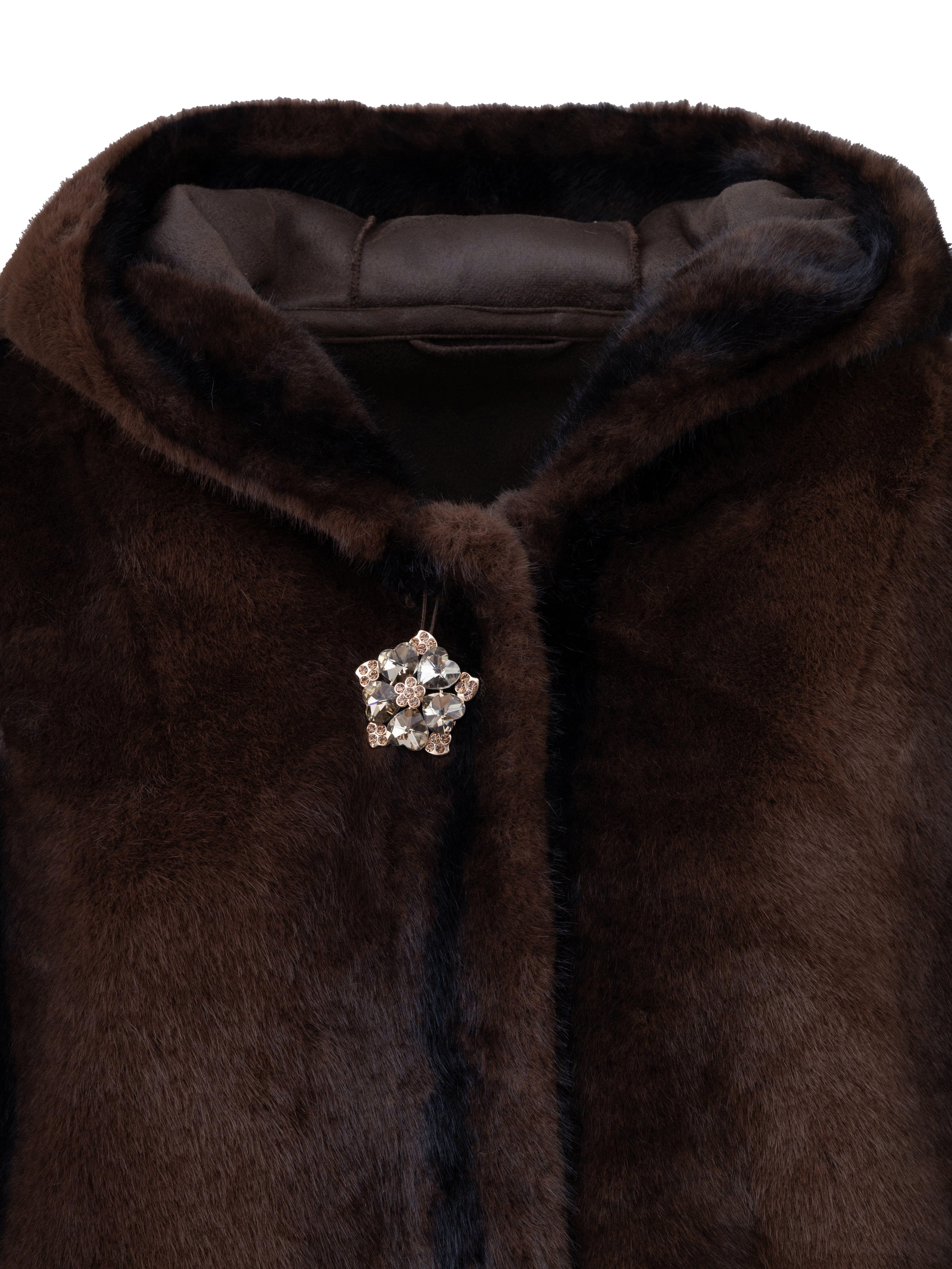 Medium-Length Faux Fur Coat with Hood - BROWN