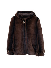 Medium-Length Faux Fur Coat with Hood - BROWN