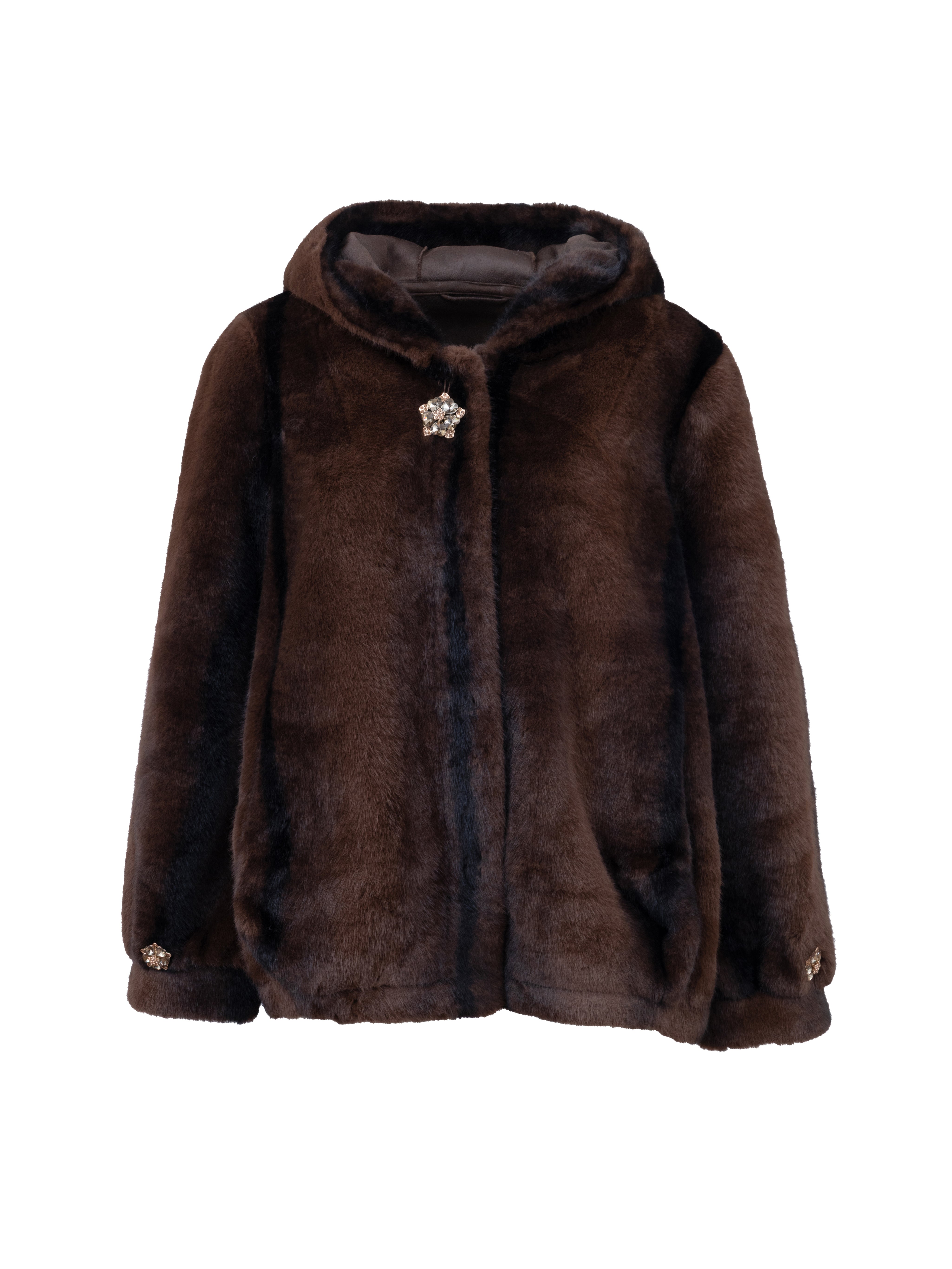 Medium-Length Faux Fur Coat with Hood - BROWN
