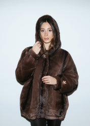 Medium-Length Faux Fur Coat with Hood - BROWN