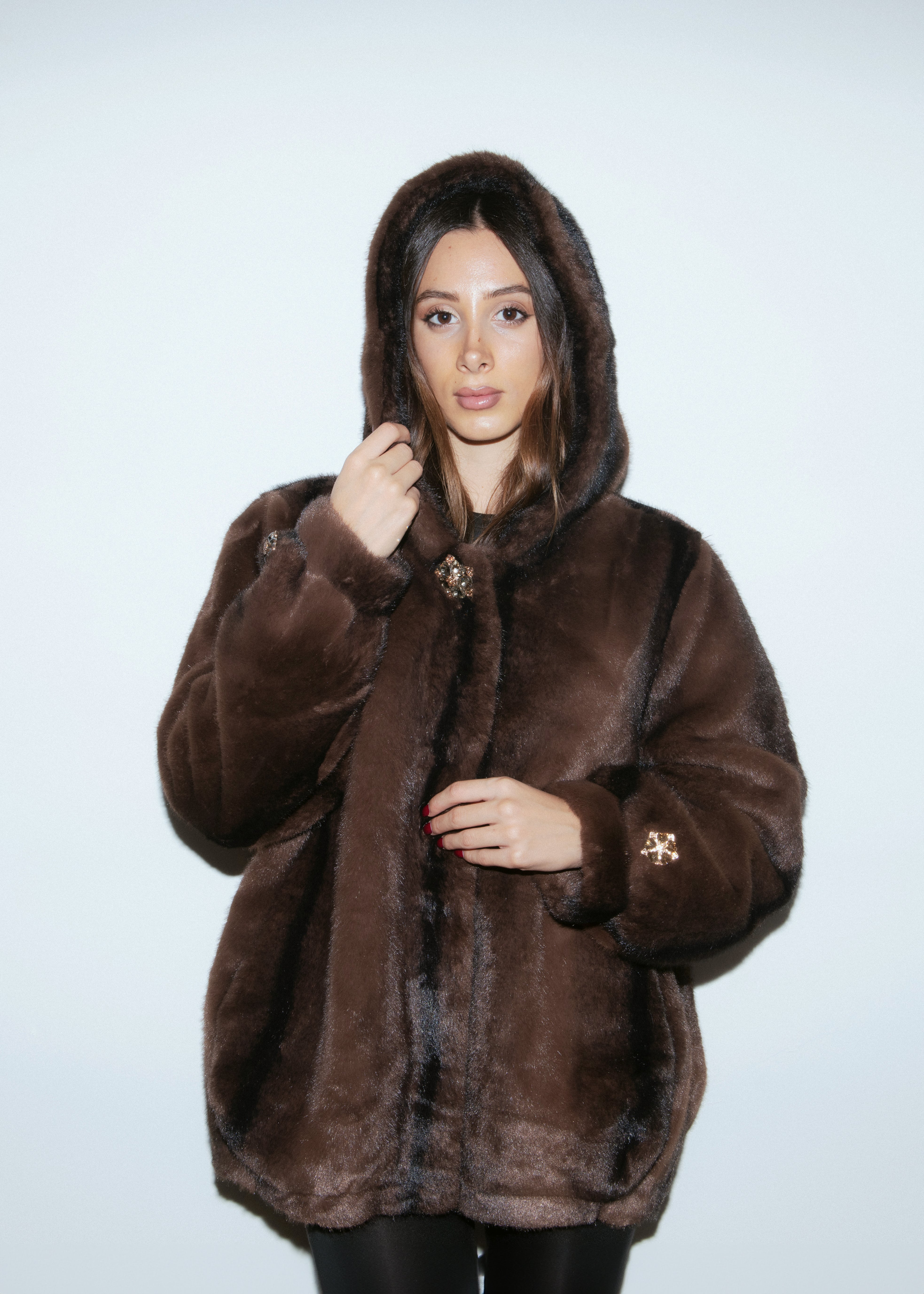 Medium-Length Faux Fur Coat with Hood - BROWN