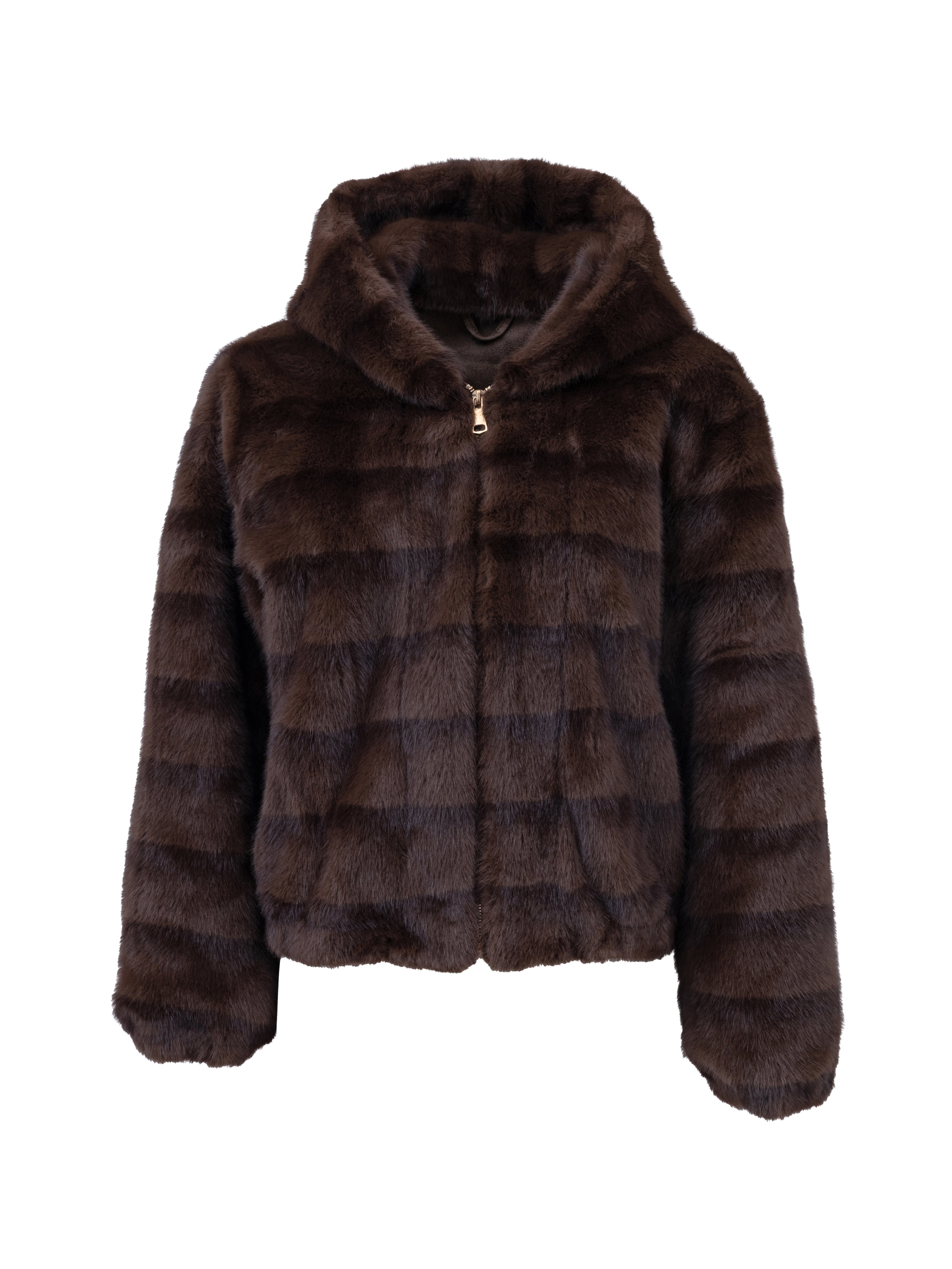 Faux Fur Coat with Hood - BROWN