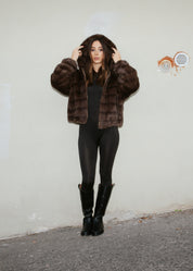 Faux Fur Coat with Hood - BROWN