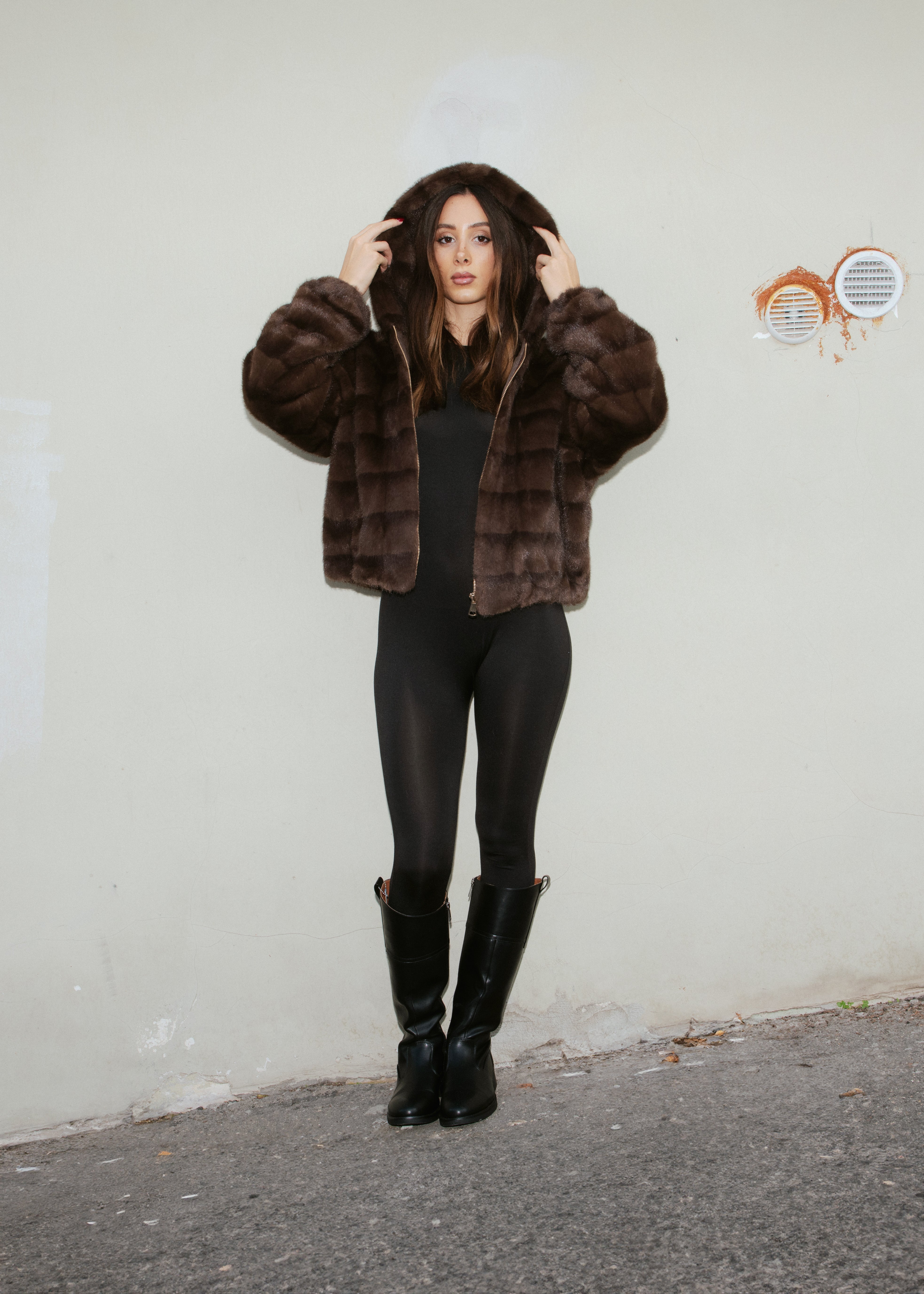Faux Fur Coat with Hood - BROWN