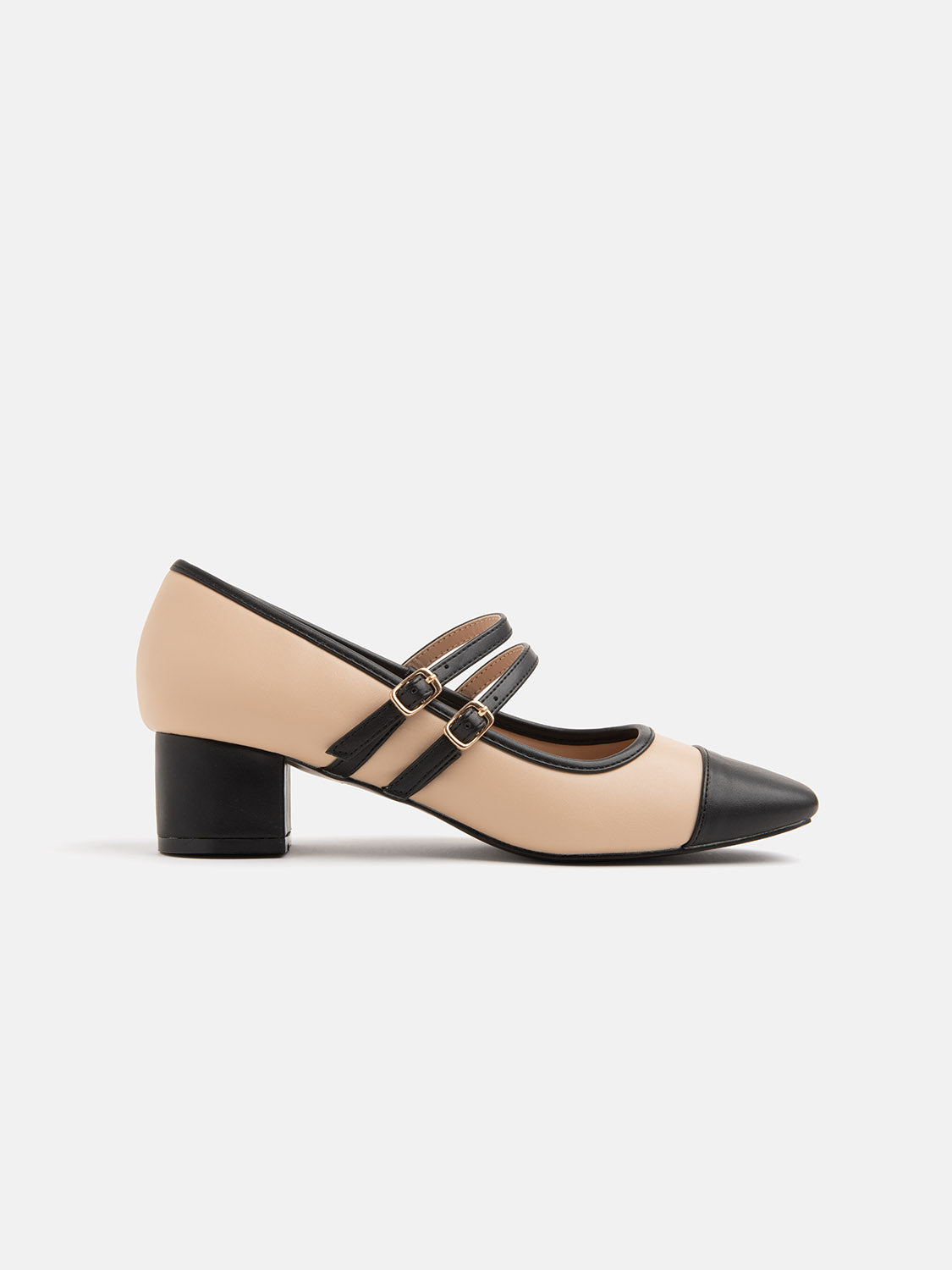 Mary Jane with contrasting tip and double strap - BLACK AND BEIGE