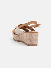 Wedge sandal with straw bottom and crossed straps - BEIGE