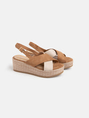 Wedge sandal with straw bottom and crossed straps - BEIGE