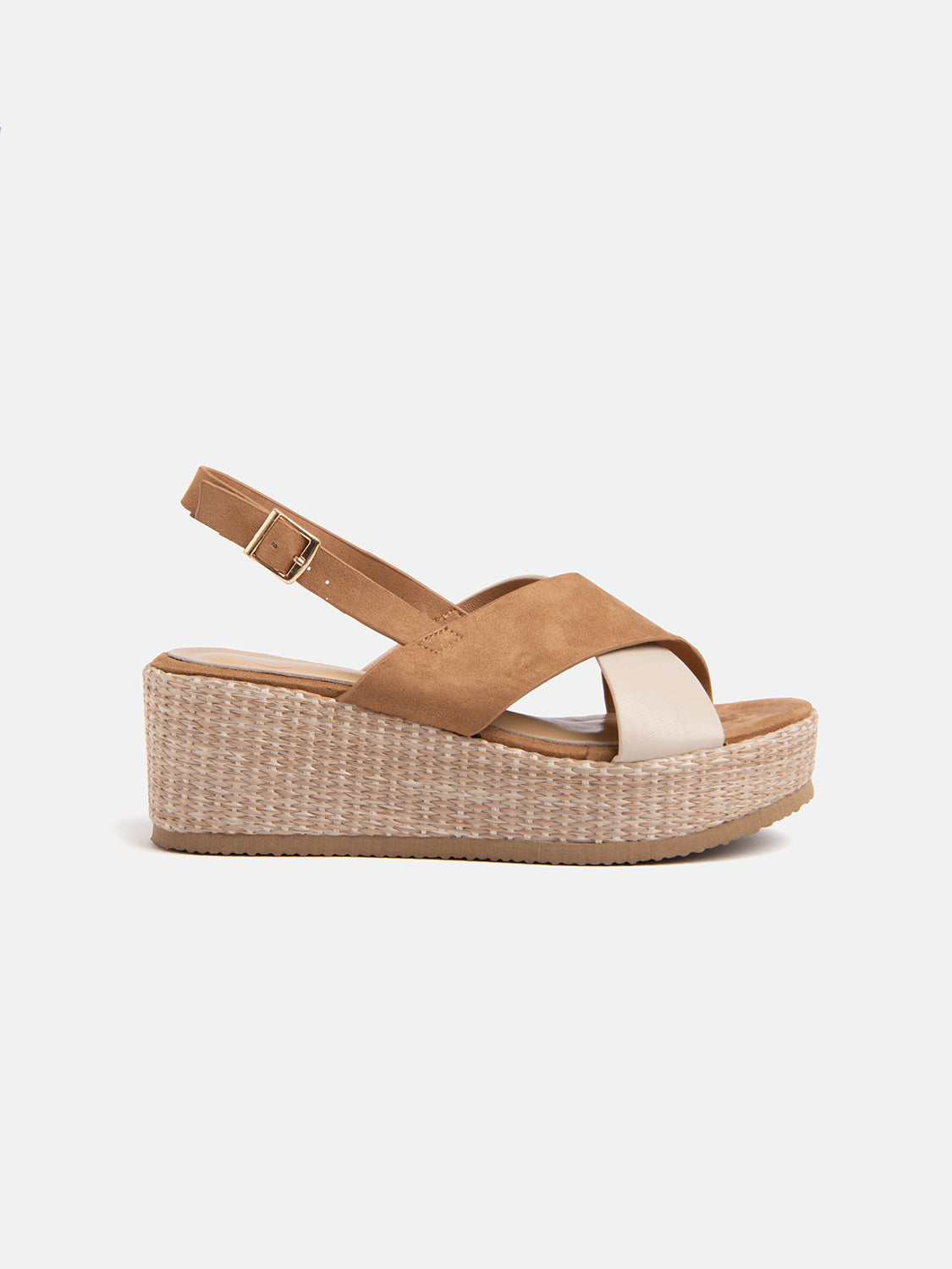 Wedge sandal with straw bottom and crossed straps - BEIGE