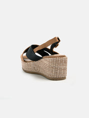 Wedge sandal with straw bottom and crossed straps - BLACK