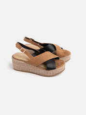 Wedge sandal with straw bottom and crossed straps - BLACK