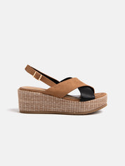 Wedge sandal with straw bottom and crossed straps - BLACK